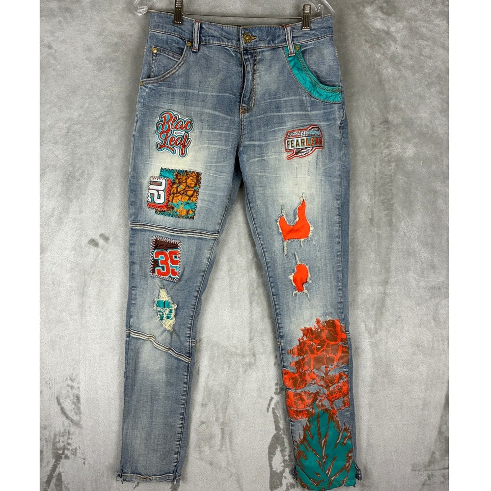 Blac Leaf Mens Slim Fit Graphic Patch Distressed Moto Jeans Light Wash 32x32